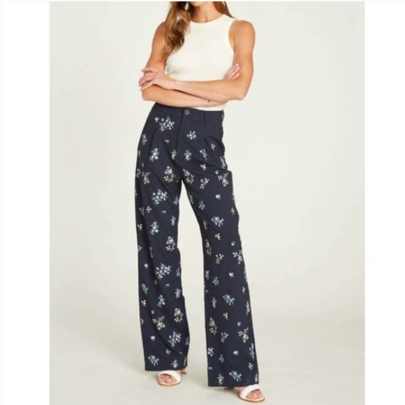 NWT Driftwood Embroidered Navy Floral Pants NEW pinstripe wide leg trousers XL L - Picture 1 of 5